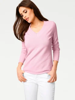 Pullover|heine V-Ausschnitt-Pullover aus reiner Baumwolle rosé
