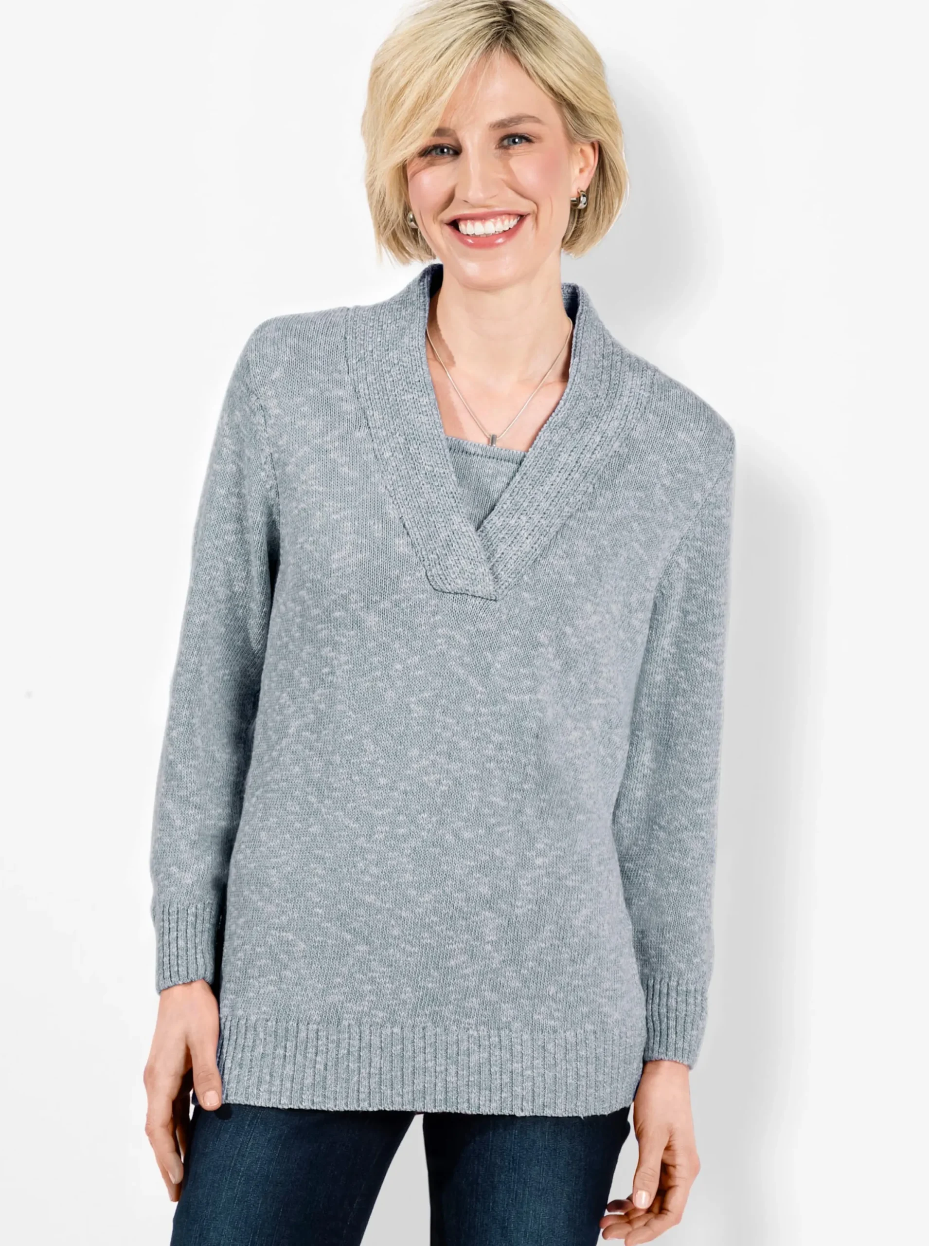 Pullover| V-Ausschnitt-Pullover in 2-in-1-Optik bleu-meliert