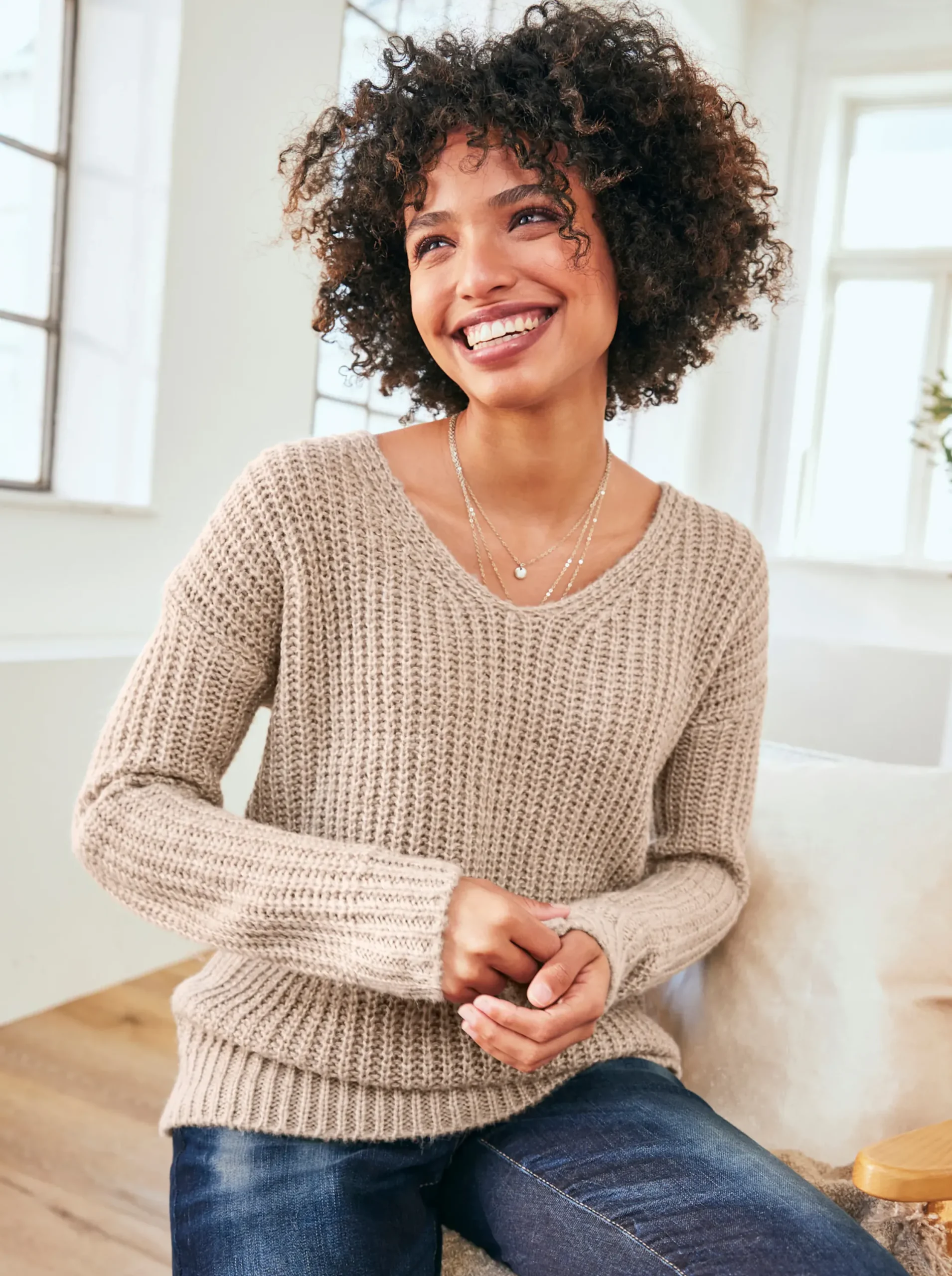Pullover|heine V-Ausschnitt-Pullover in Melange-Optik sesam-meliert