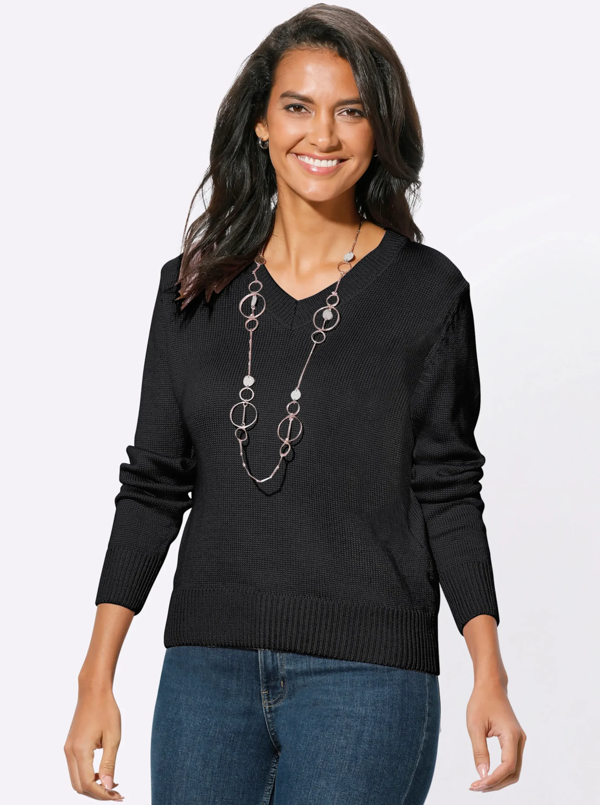 Pullover| V-Ausschnitt-Pullover mit Baumwolle schwarz