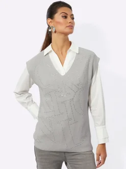 Pullover| V-Ausschnitt-Pullover mit Glitzersteinchen-Schriftzug hellgrau-silberfarben