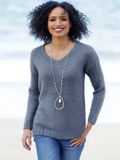 Pullover|heine V-Ausschnitt-Pullover mit Seitenschlitzen rauchblau-meliert