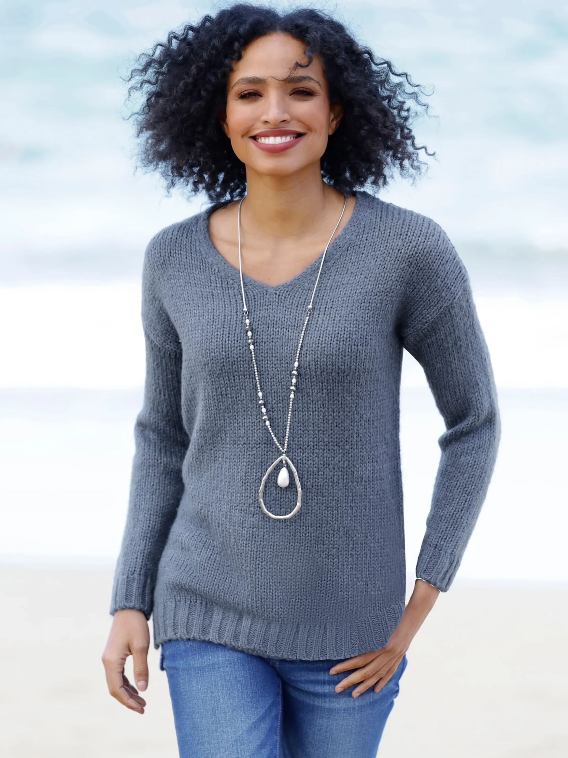 Pullover|heine V-Ausschnitt-Pullover mit Seitenschlitzen rauchblau-meliert