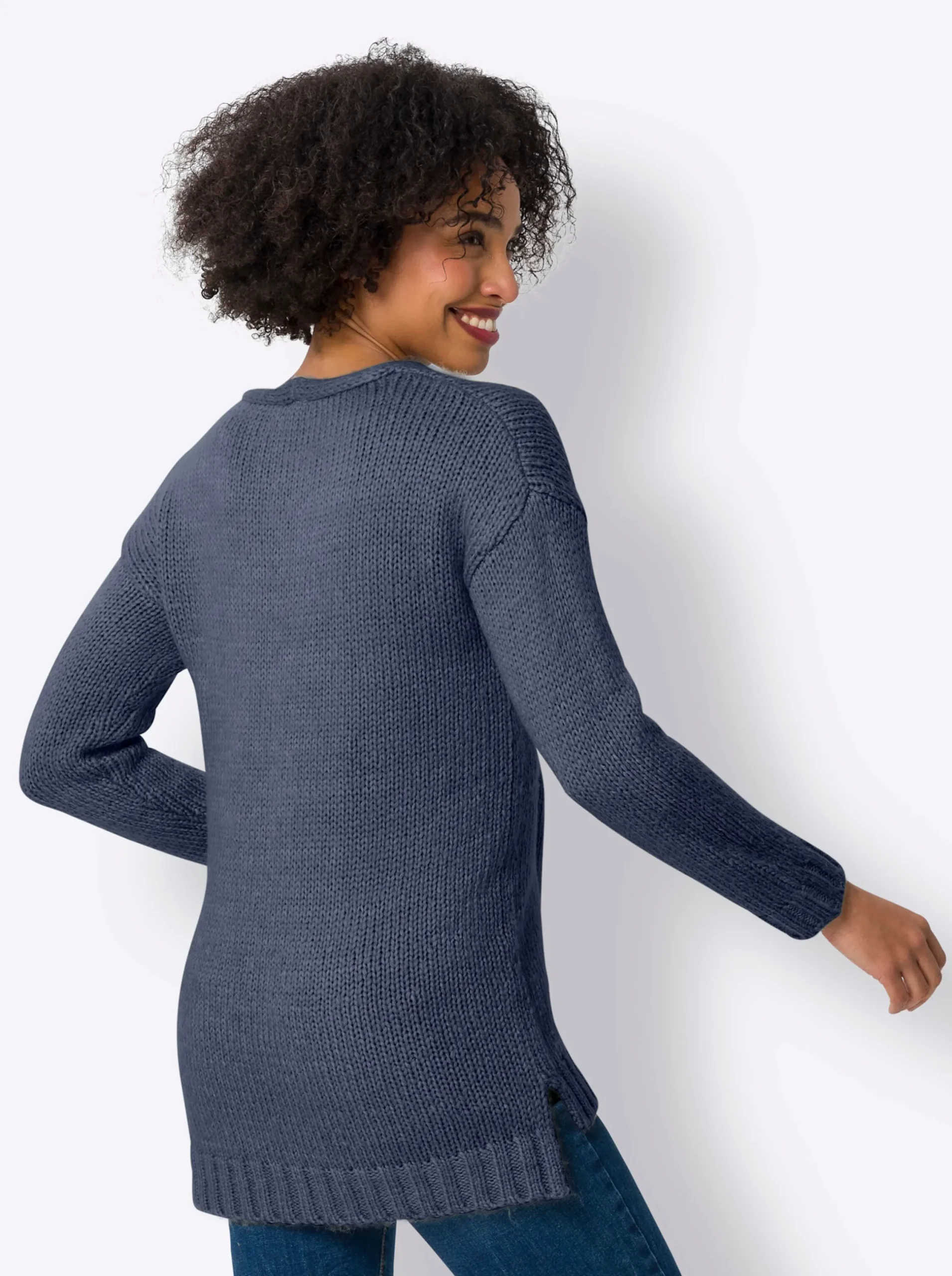 Pullover|heine V-Ausschnitt-Pullover mit Seitenschlitzen rauchblau-meliert