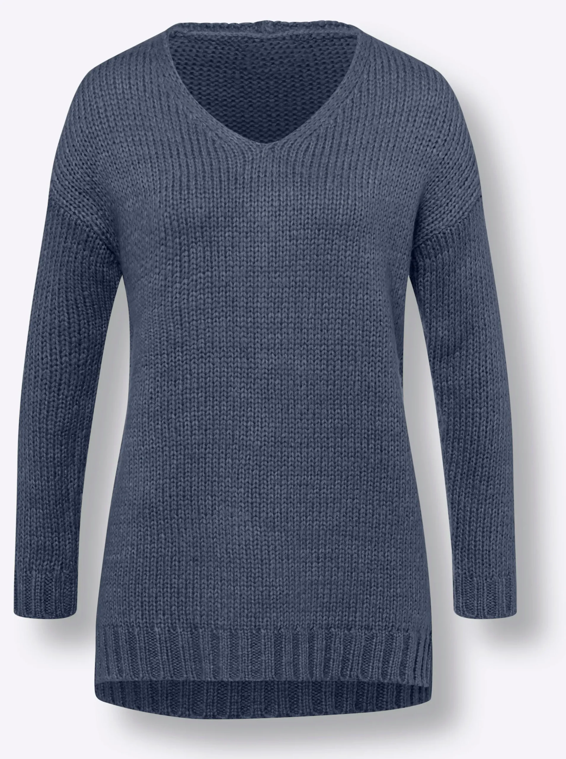 Pullover|heine V-Ausschnitt-Pullover mit Seitenschlitzen rauchblau-meliert