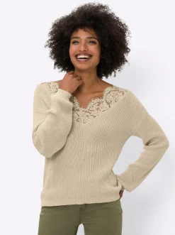 Pullover|heine V-Ausschnitt-Pullover mit Spitze sand