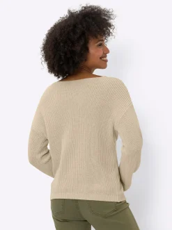Pullover|heine V-Ausschnitt-Pullover mit Spitze sand