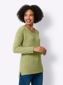 Pullover|heine V-Ausschnitt-Pullover mit Seitenschlitzen lindgrün-meliert