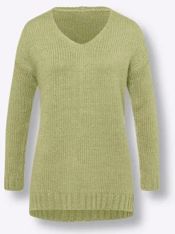 Pullover|heine V-Ausschnitt-Pullover mit Seitenschlitzen lindgrün-meliert