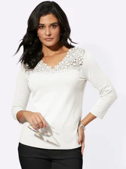 Shirts| V-Shirt mit Blütenspitze ecru