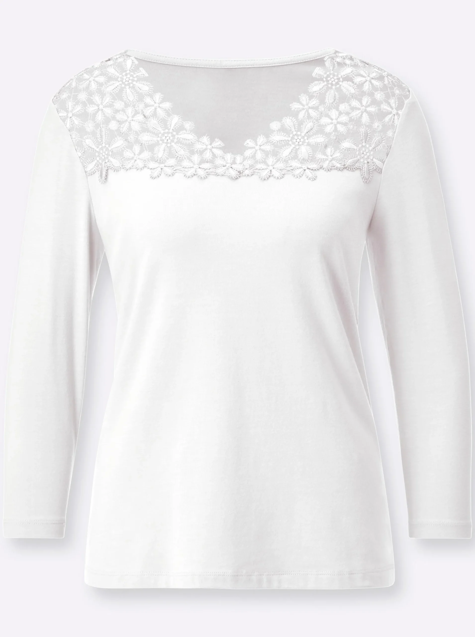 Shirts| V-Shirt mit Blütenspitze ecru