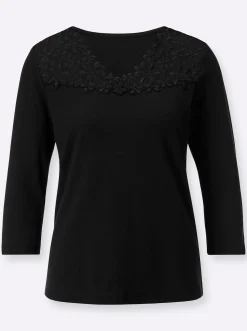 Shirts| V-Shirt mit Blütenspitze schwarz