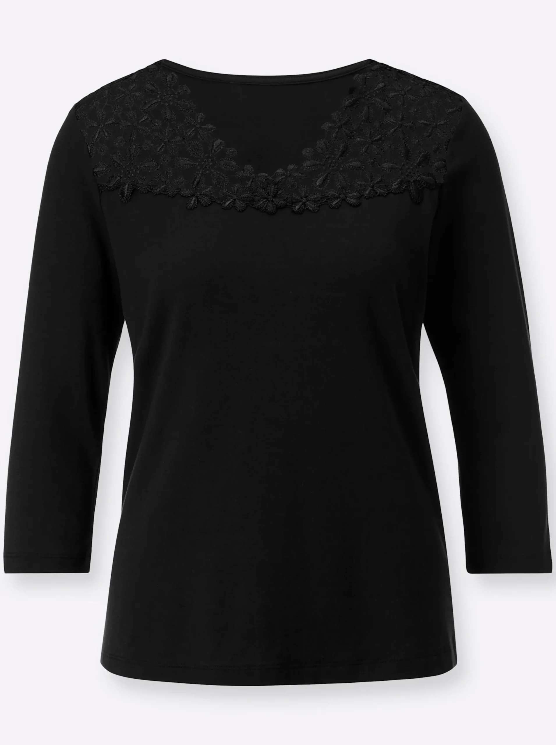 Shirts| V-Shirt mit Blütenspitze schwarz