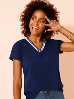 Shirts| V-Shirt mit gerippten Ringel-Akzenten marine