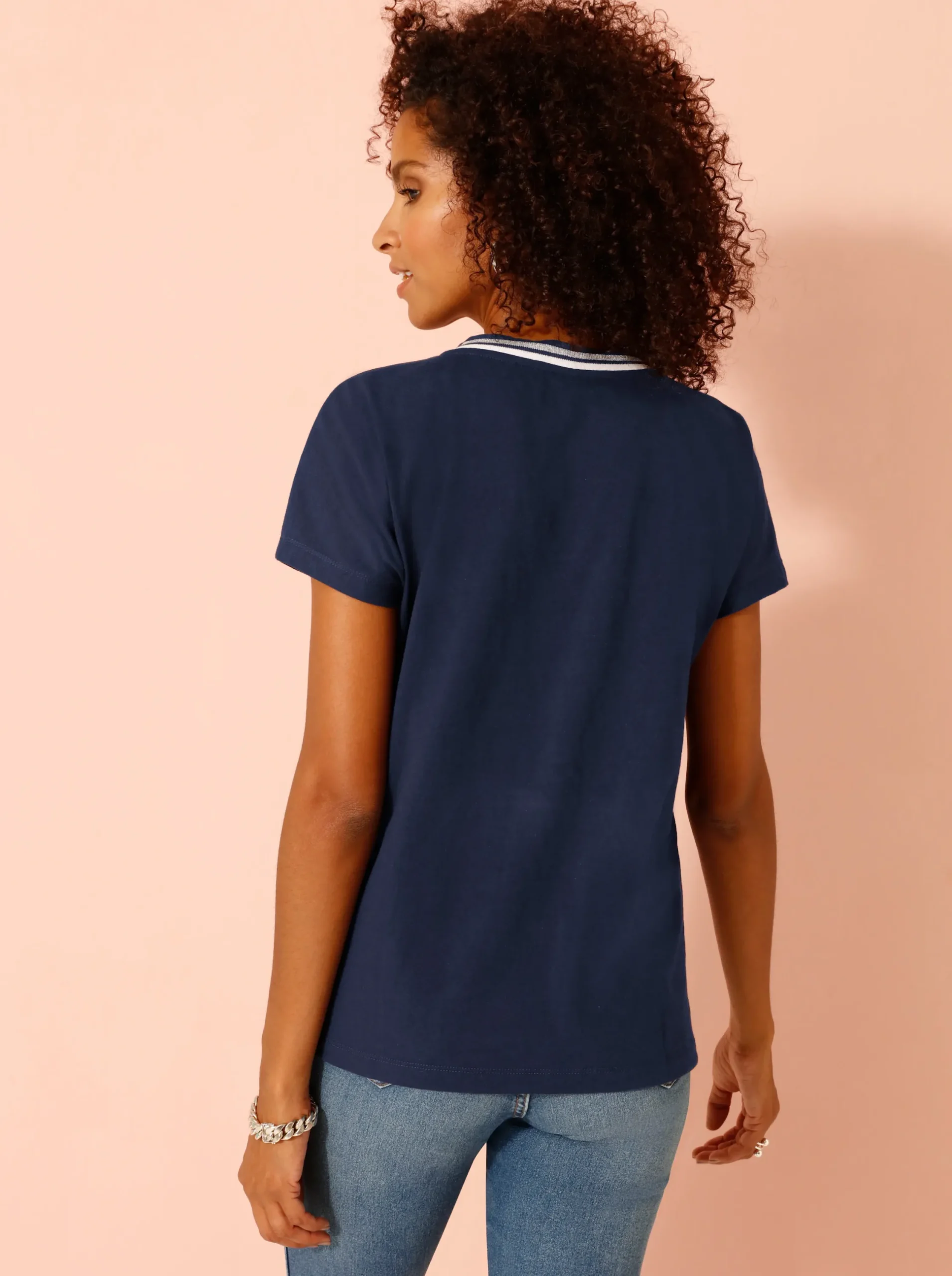 Shirts| V-Shirt mit gerippten Ringel-Akzenten marine
