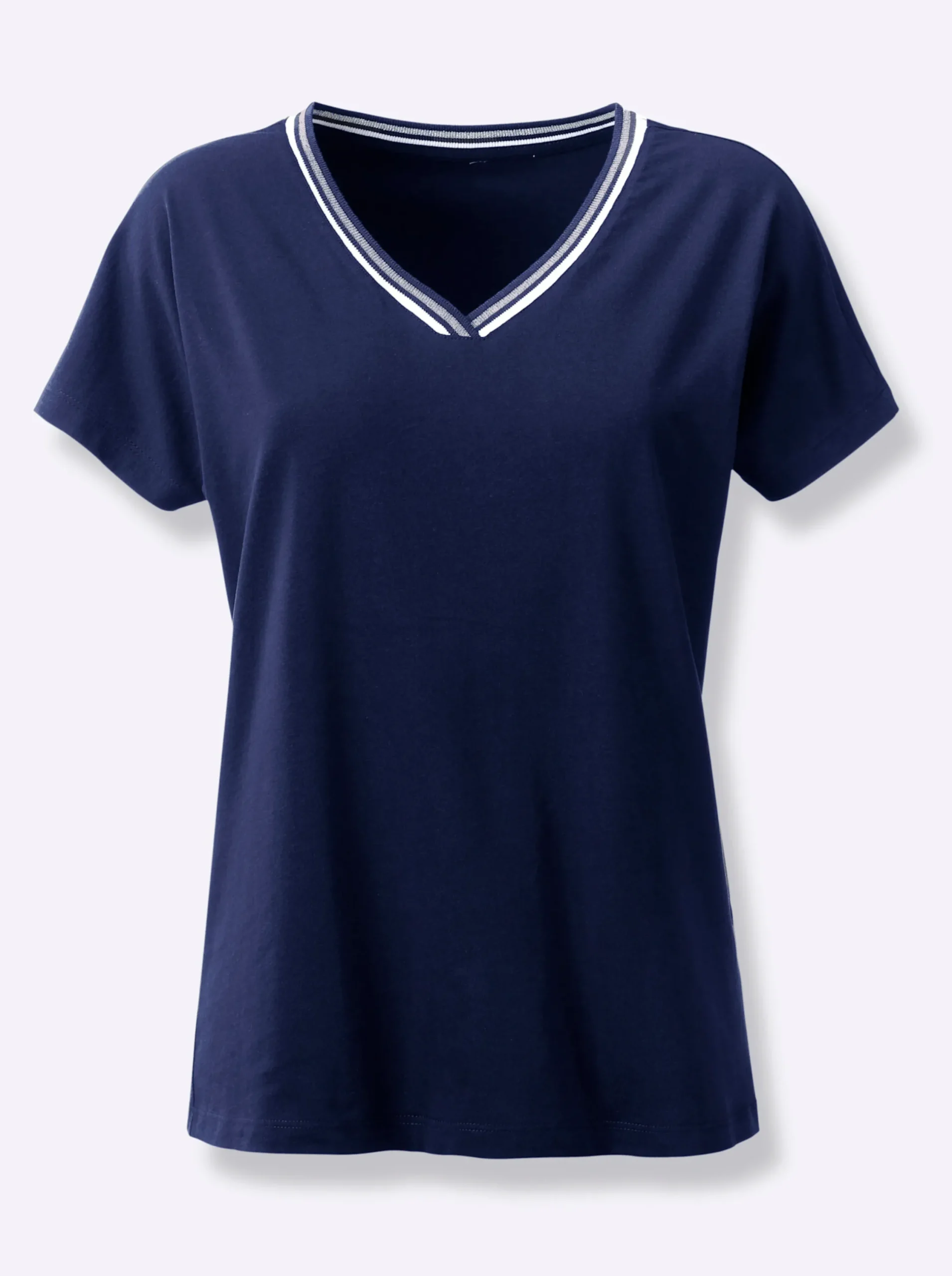 Shirts| V-Shirt mit gerippten Ringel-Akzenten marine
