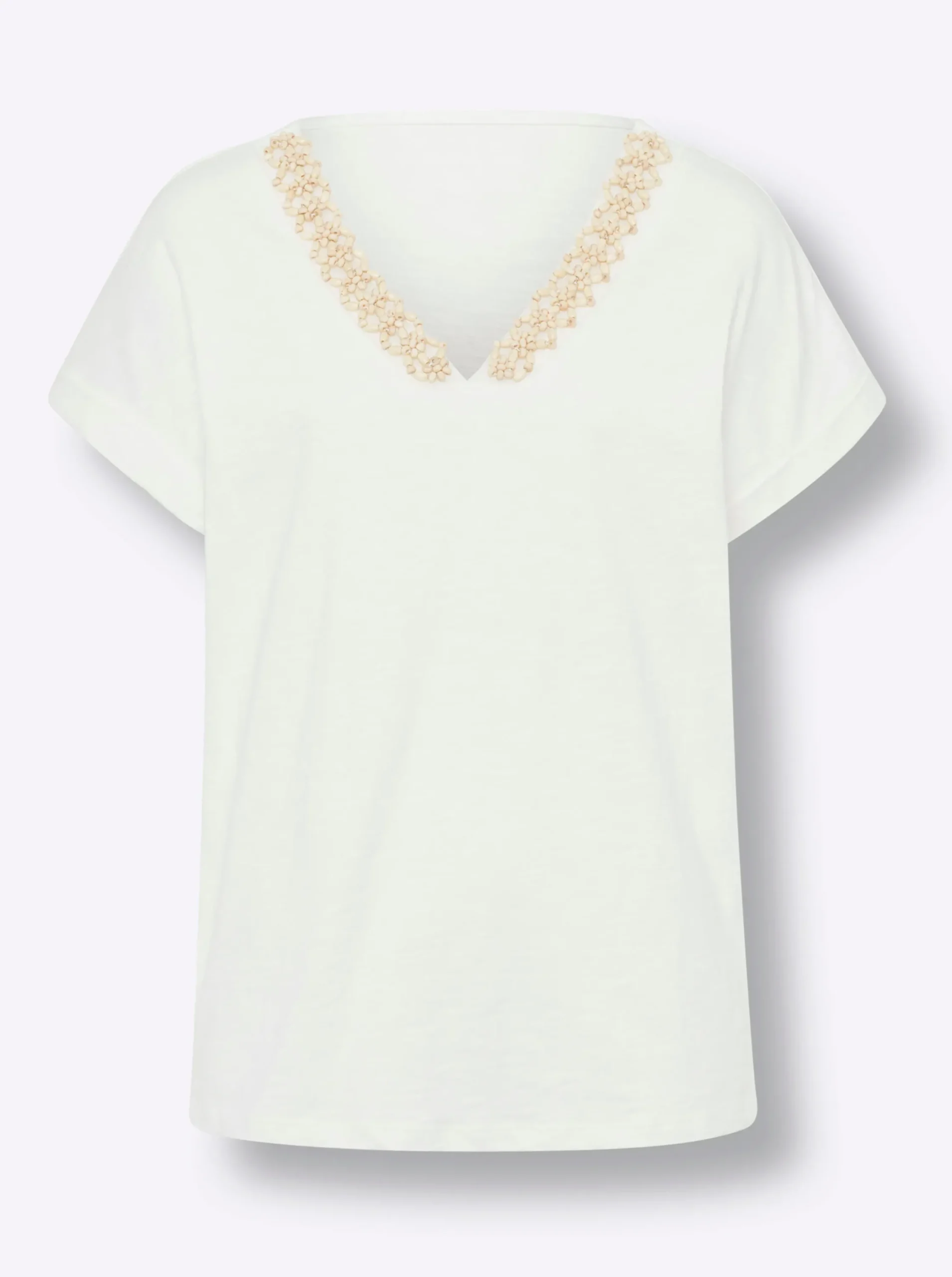 Shirts|heine V-Shirt mit Holzperlen-Besatz ecru