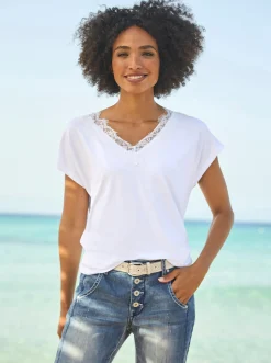 Shirts|heine V-Shirt mit Spitzenbesatz weiß