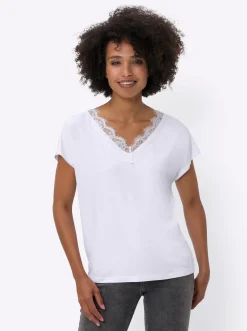 Shirts|heine V-Shirt mit Spitzenbesatz weiß