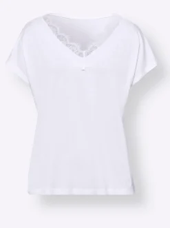 Shirts|heine V-Shirt mit Spitzenbesatz weiß