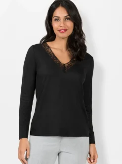 Shirts| V-Shirt mit Spitzen-Einsatz schwarz