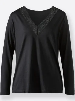 Shirts| V-Shirt mit Spitzen-Einsatz schwarz