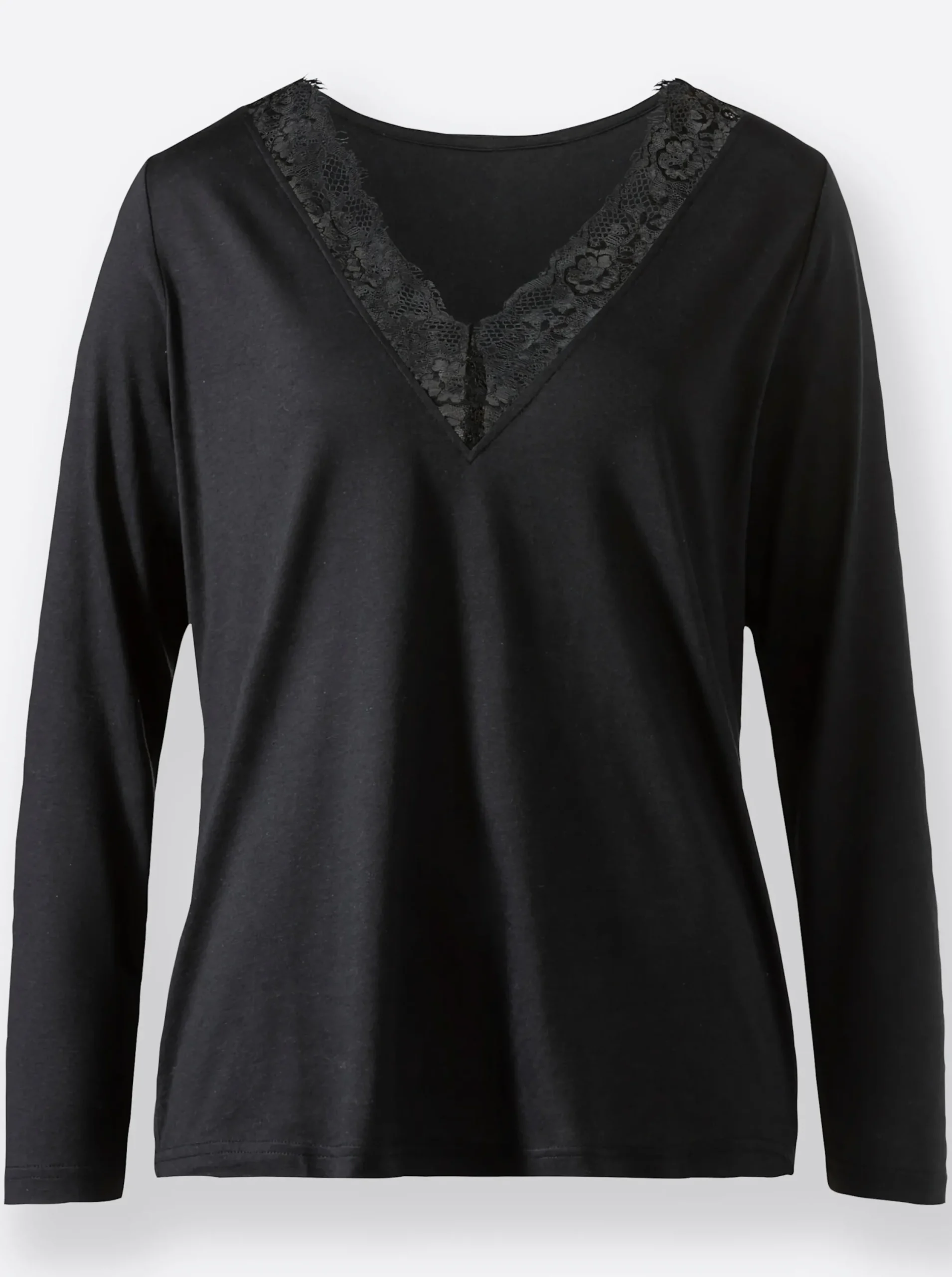 Shirts| V-Shirt mit Spitzen-Einsatz schwarz