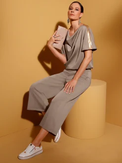 Pullover|Shirts| Wasserfallshirt taupe-bronzefarben-bedruckt