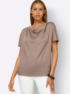 Pullover|Shirts| Wasserfallshirt taupe-bronzefarben-bedruckt