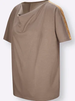 Pullover|Shirts| Wasserfallshirt taupe-bronzefarben-bedruckt