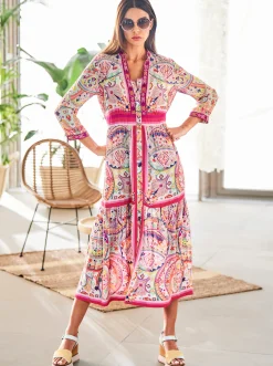 Kleider|heine Webkleid ecru-fuchsia-bedruckt